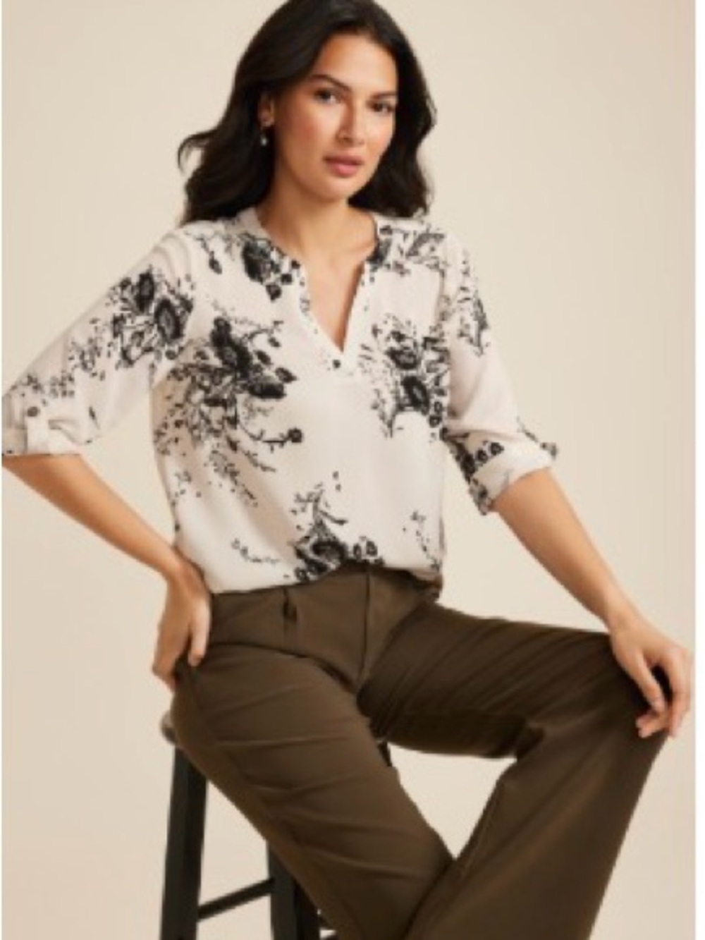 Maurices Women’s Cream Floral V-Neck Blouse - Lightweight 3/4 Sleeve Top